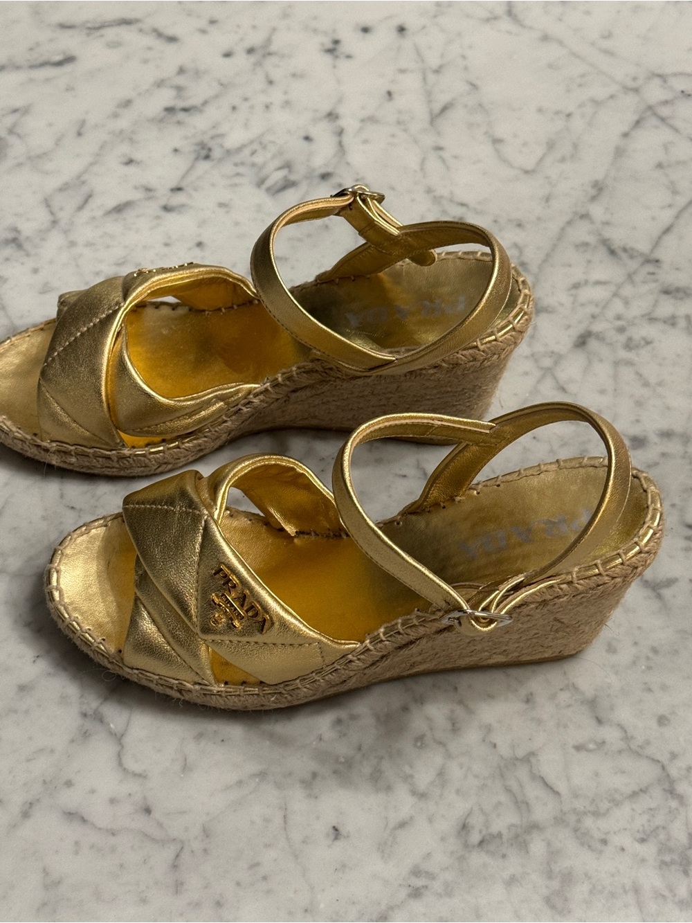 Prada Metallic Gold Leather Espadrille Wedge Sandals - Picture 4 of 7